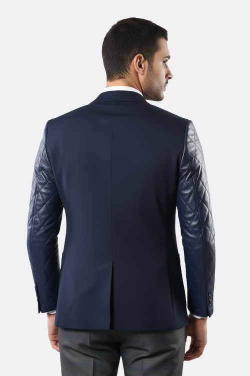 Leathered Sleeve Quilted Navy Blue Cache Blazer - Wessi