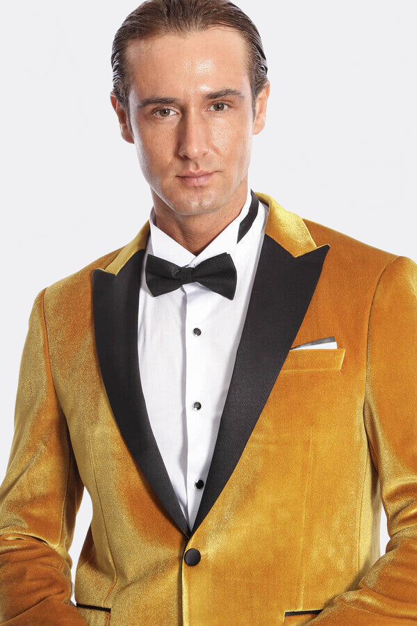 Velvet Slim Fit Yellow Men Prom Blazer - Wessi