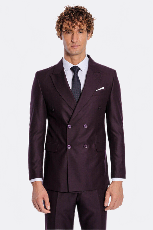 Double Breasted Plain Wide Lapel Purple Men Suit - Wessi