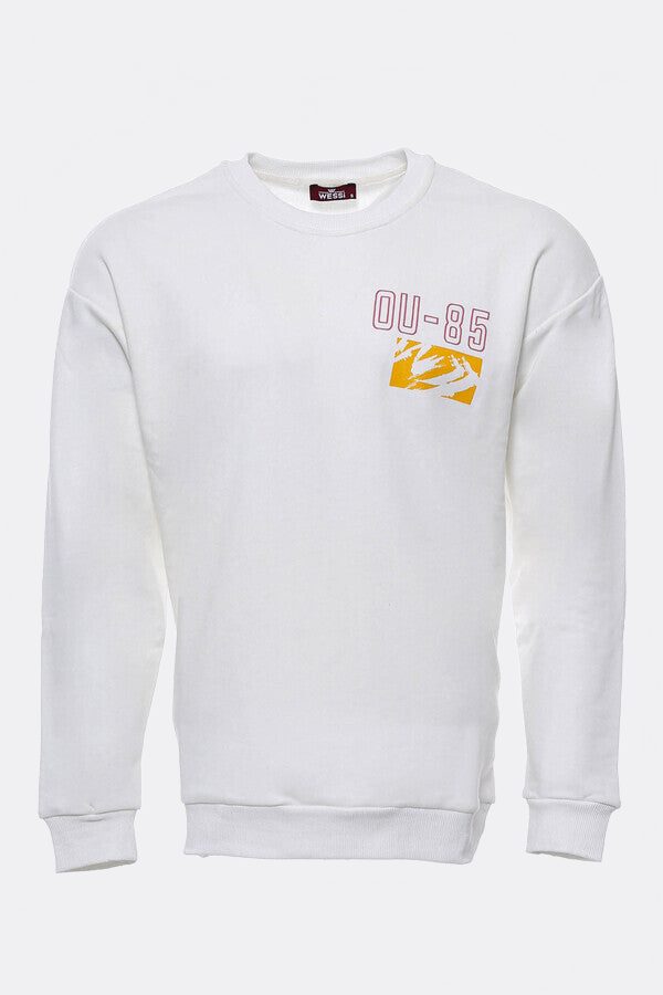 Cream Both Side Printed Circle Neck Men's Sweatshirt - Wessi