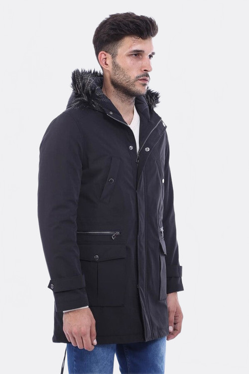Fur Hooded Black Men Coat - Wessi