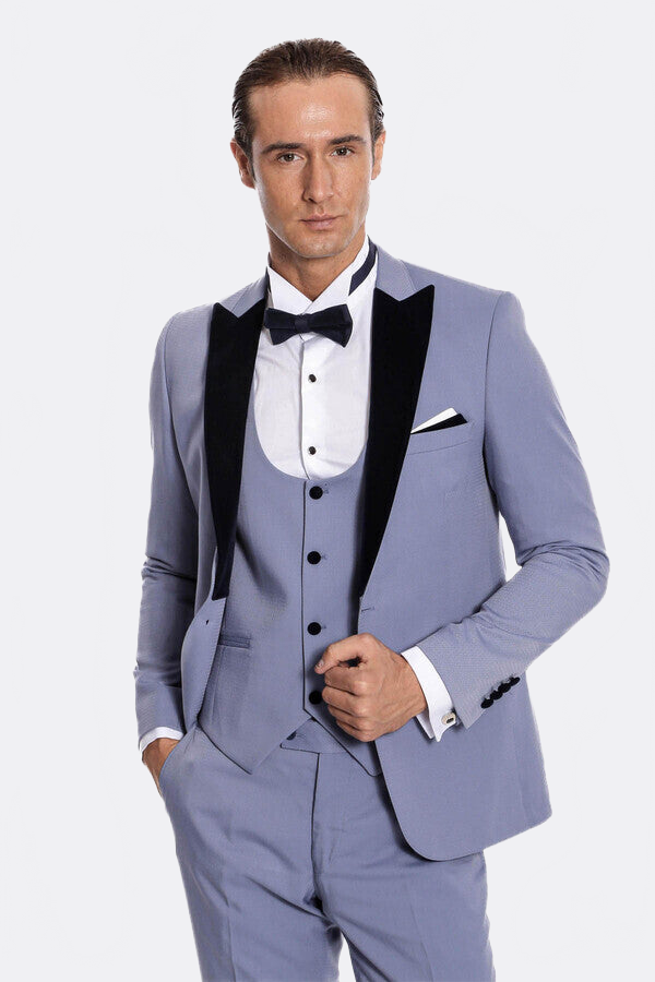 Velvet Lapel Slim Fit Light Blue Men Suit - Wessi