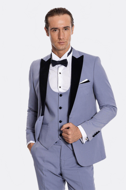 Velvet Lapel Slim Fit Light Blue Men Suit - Wessi