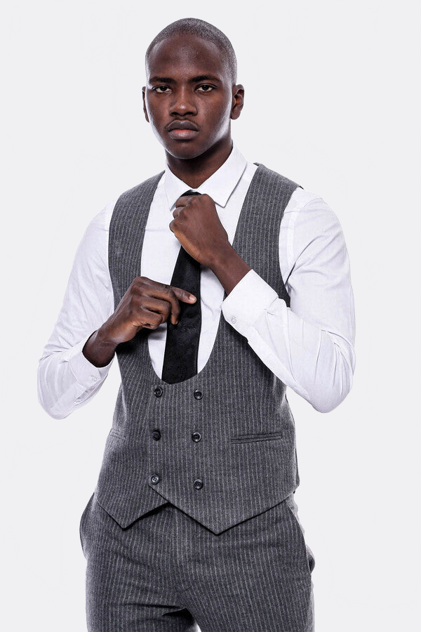 Striped Grey Double Breasted Suit - Wessi