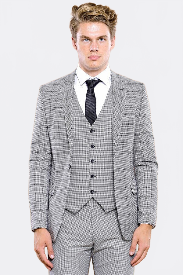 Grey Plaid Vested Men's Suit | Wessi