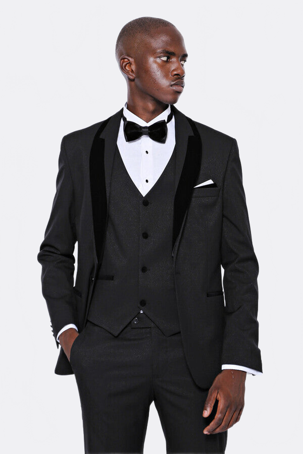 Patterned Velvet Lapel Black Men Tuxedo - Wessi