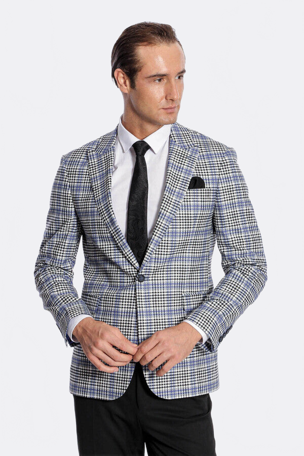 Plaid Slim-Fit Blue Black Men Blazer - Wessi