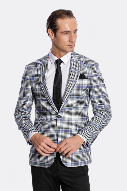 Plaid Slim-Fit Blue Black Men Blazer - Wessi