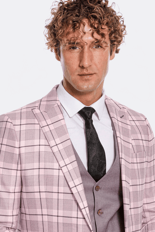 Checked Slim Fit Pink Men Suit - Wessi