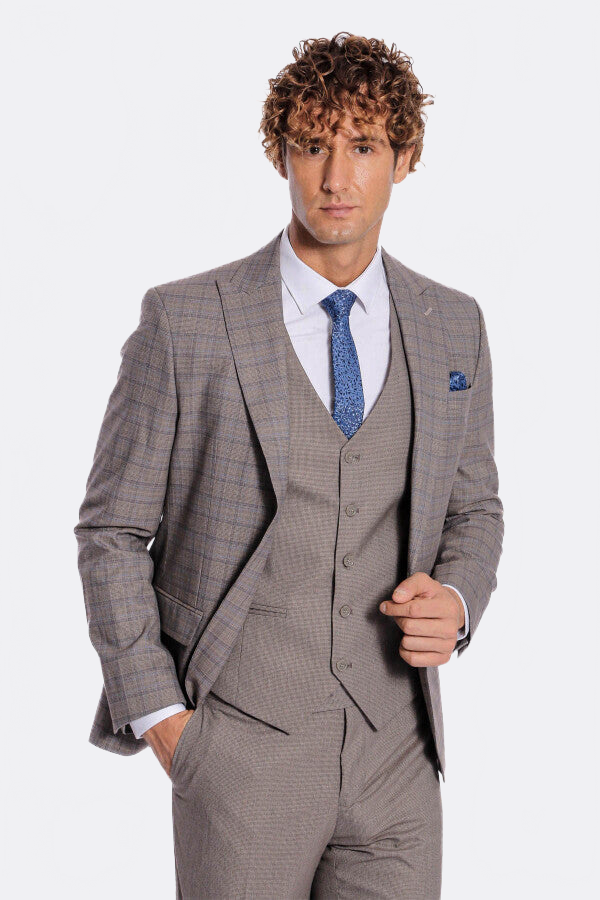 Checked Slim Fit Light Brown Men Suit - Wessi