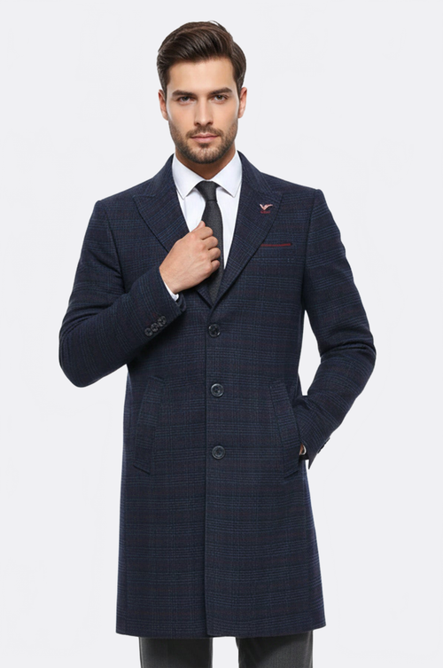 Wide Pointed Collar Blue Men Coat - Wessi