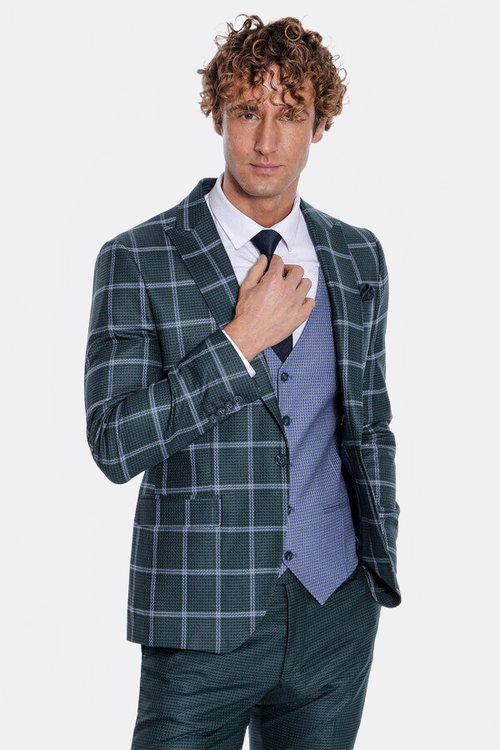 Checked Patterned Slim Fit Green Men Suit - Wessi