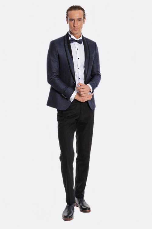 Shawl Lapel Patterned Slim Fit Navy Blue Tuxedo | Wessi