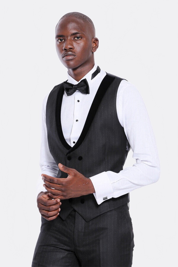 Velvet Lapel Striped Herringbone Black 3 Piece Tuxedo - Wessi