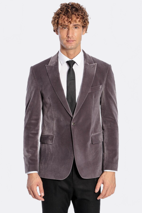 Wide Peak Lapel Single Button Velvet Grey Men Blazer - Wessi
