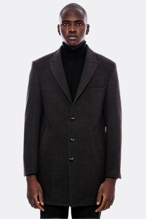 Wide Pointed Collar Smoked Over Knee Men Coat - Wessi