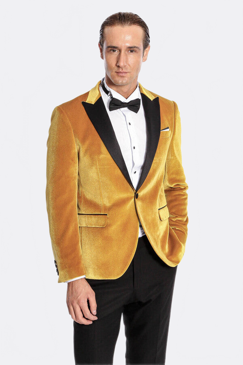 Velvet Slim Fit Yellow Men Prom Blazer - Wessi