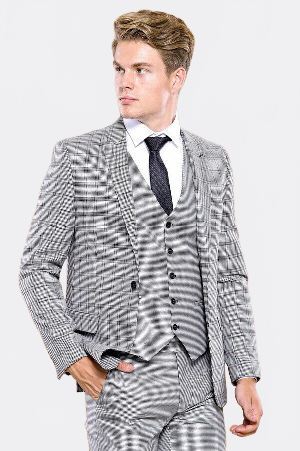 Grey Plaid Vested Men's Suit | Wessi