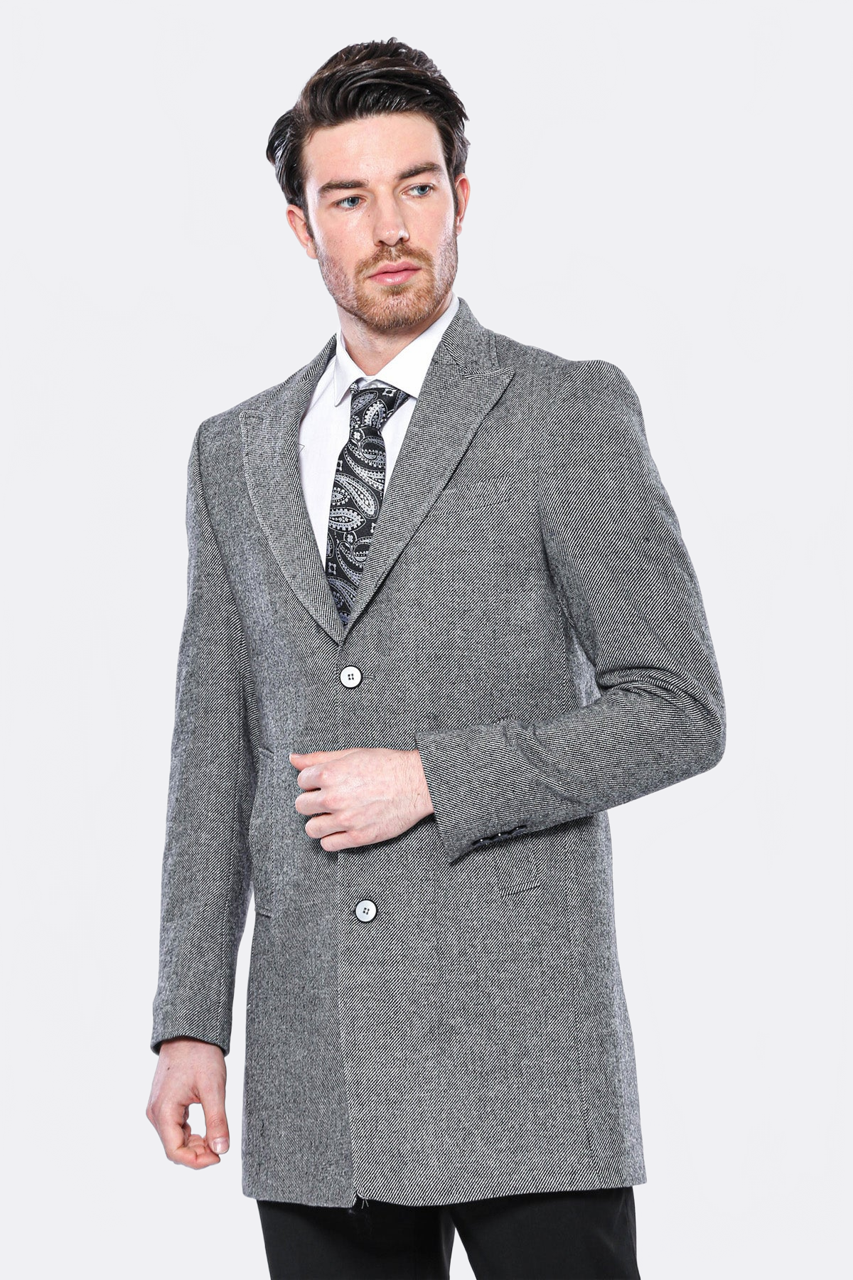Cachet Peak Lapel Grey Men Long Coat - Wessi