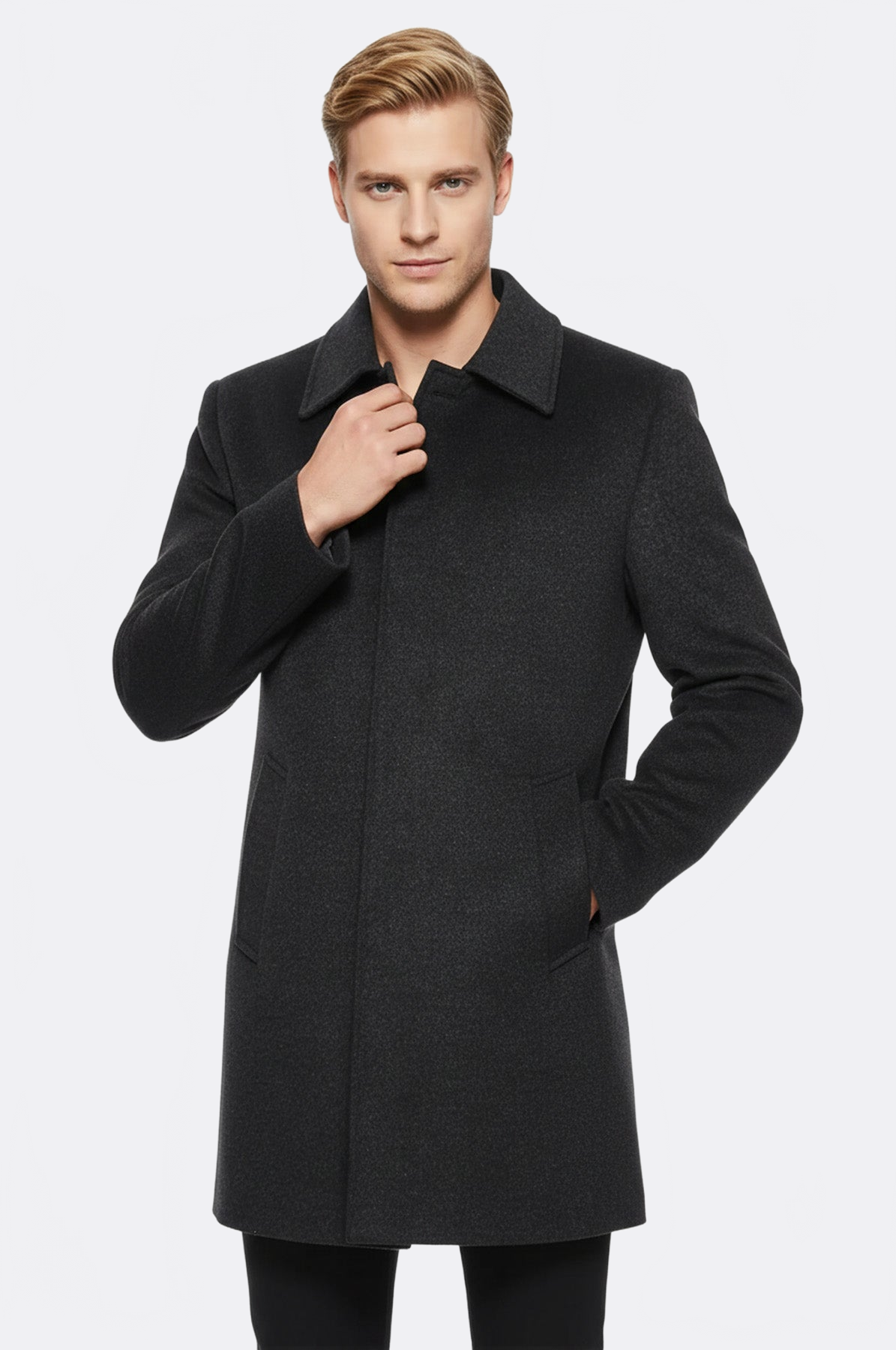 Dark Grey Hidden Button Peak Lapel Coat - Wessi