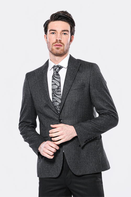 Peak Lapel Dark Grey Blazer - Wessi
