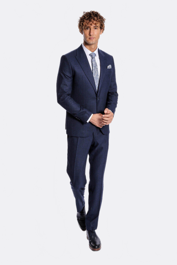 Two Piece Patterned Navy Blue Men Suit - Wessi