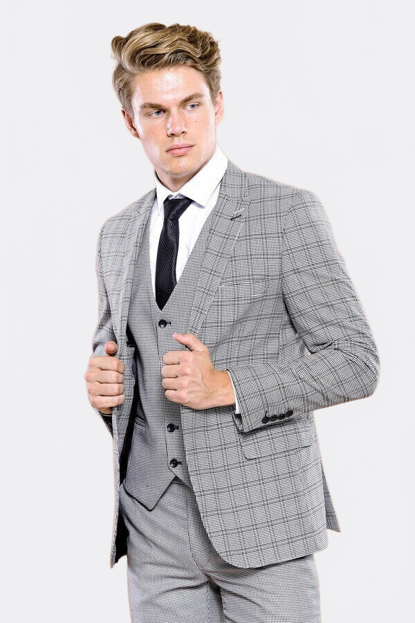 Grey Plaid Vested Men's Suit | Wessi