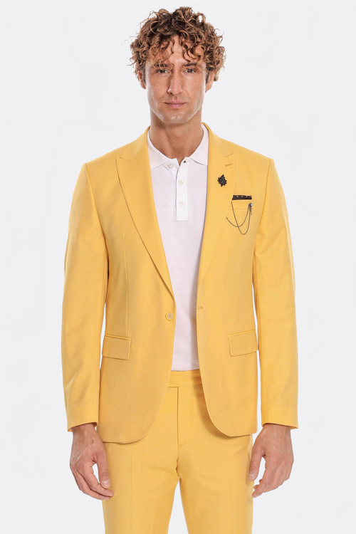 2 Piece Patterned Slim Fit Yellow Men Suit - Wessi