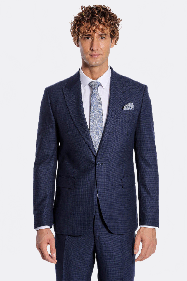 Two Piece Patterned Navy Blue Men Suit - Wessi