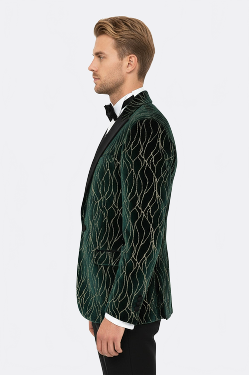 Patterned Dark Green Men Prom Blazer - Wessi