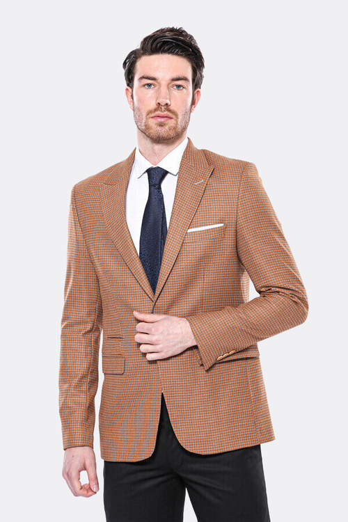 Patterned Orange Slim-Fit Blazer - Wessi