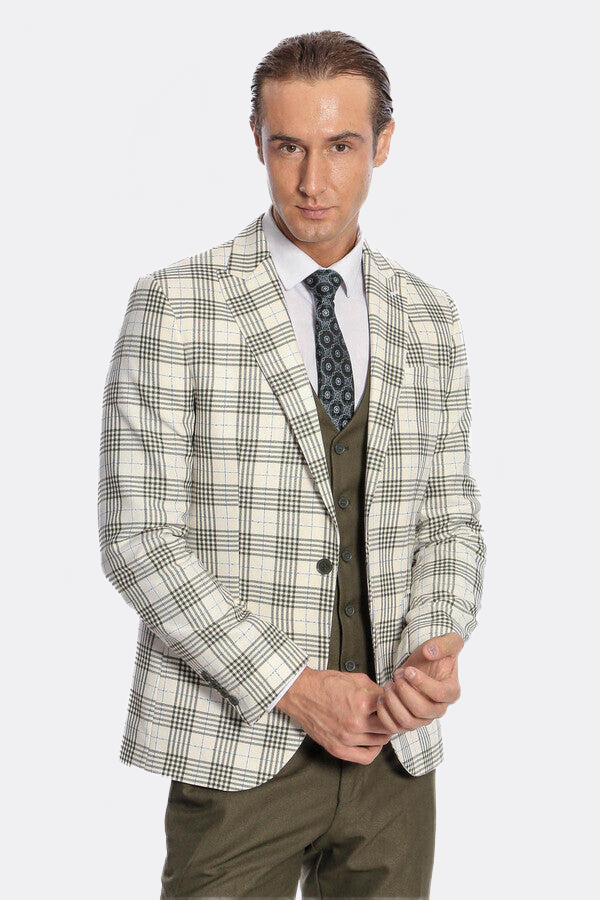 Checked Slim Fit Green Men Suit - Wessi