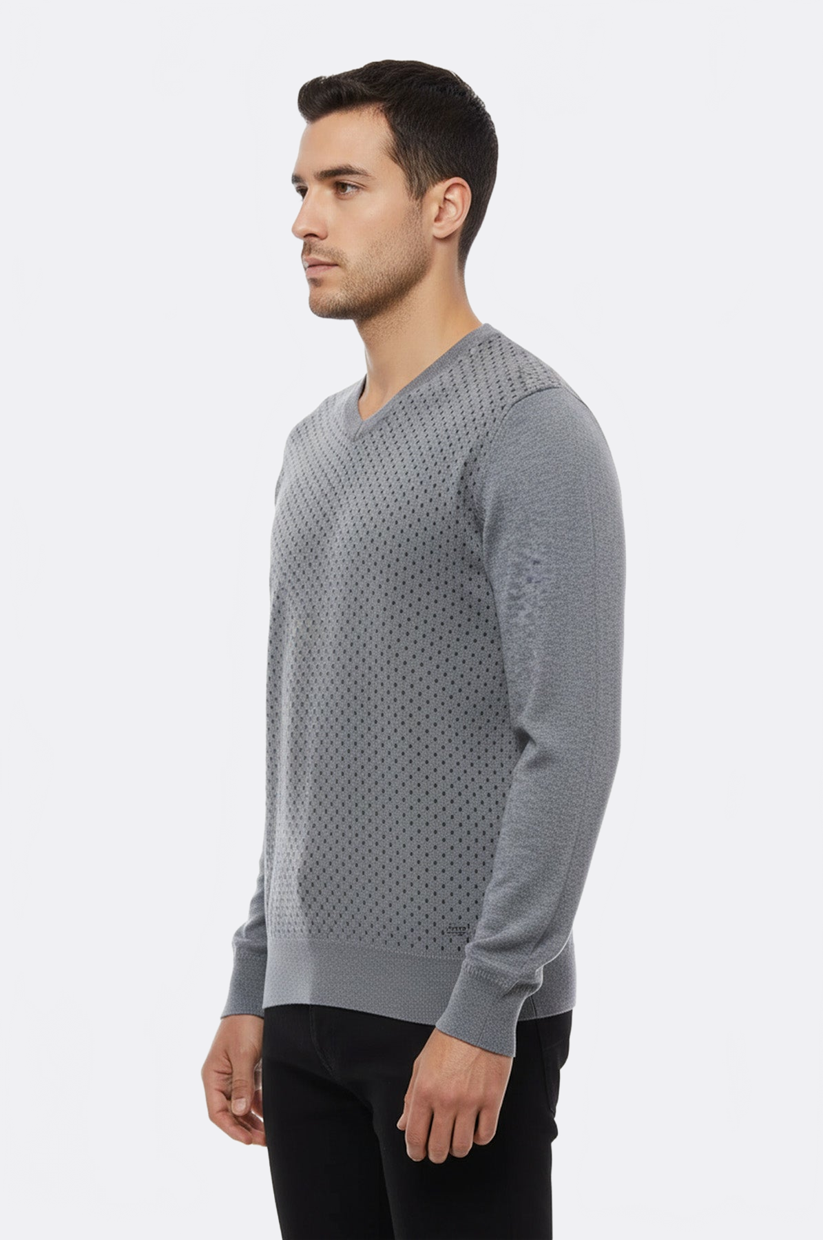 Dot Patterned V Neck Grey Sweater - Wessi