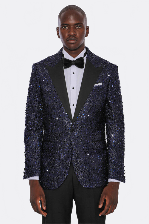 Navy Blue Sequin Patterned Party Blazer | Wessi
