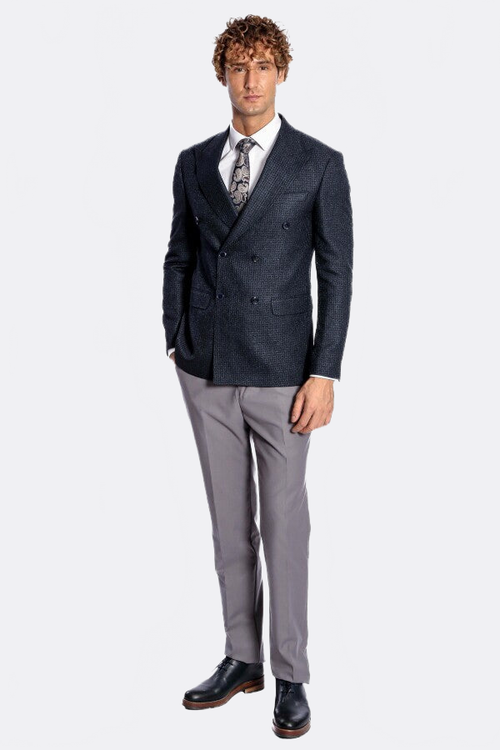 Houndstooth Patterned Navy Blue Men Double Breasted Blazer - Wessi