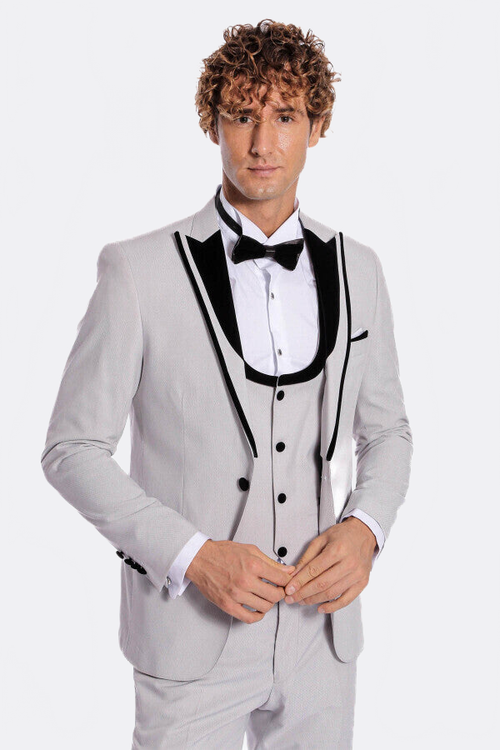Velvet Lapel Vested Patterned Grey Men Tuxedo - Wessi
