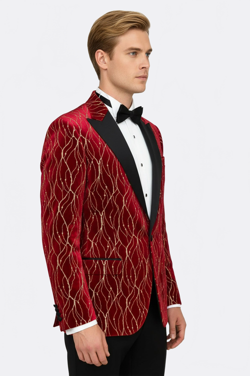Patterned Burgundy Men Prom Blazer - Wessi