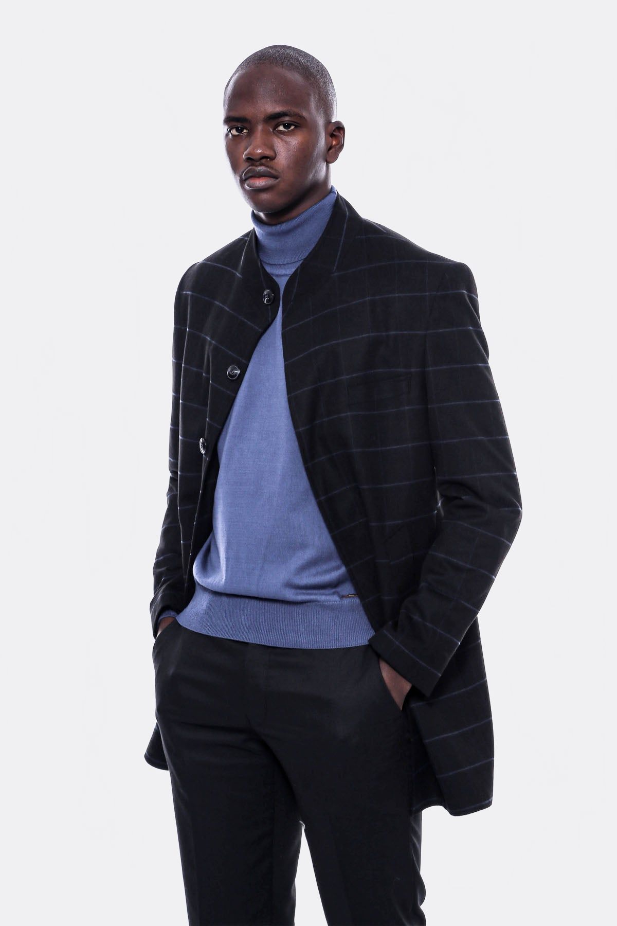 Mandarin Collar Black Checked Coat - Wessi
