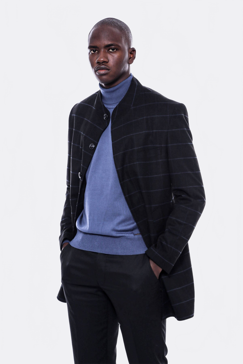 Mandarin Collar Black Checked Coat - Wessi