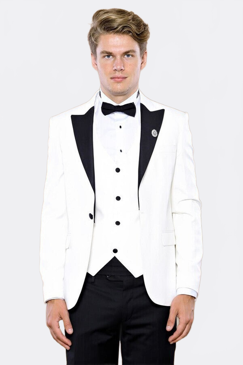 Peak Lapel 3 Piece White Tuxedo | Wessi