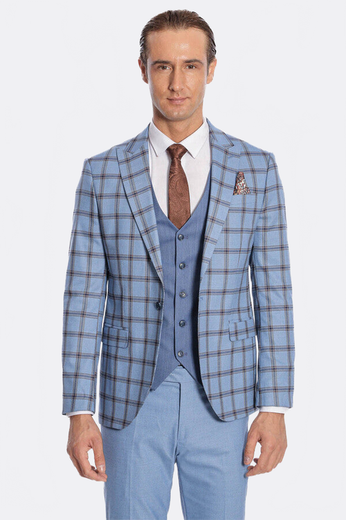 Checked Patterned Slim Fit Blue Men Suit - Wessi