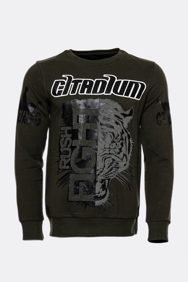 Patterned Slim Fit Dark Green Sweatshirt - Wessi