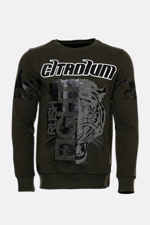 Patterned Slim Fit Dark Green Sweatshirt - Wessi