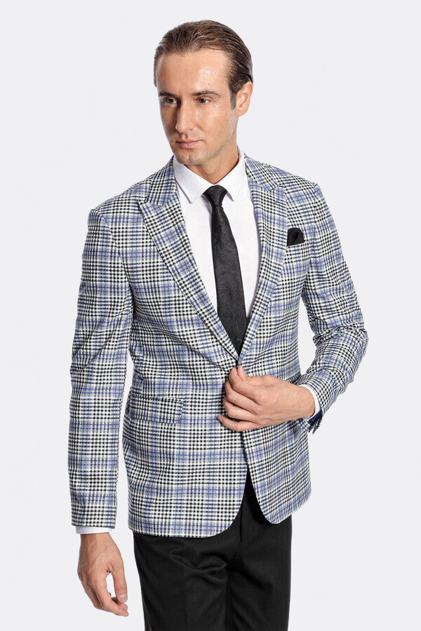 Plaid Slim-Fit Blue Black Men Blazer - Wessi
