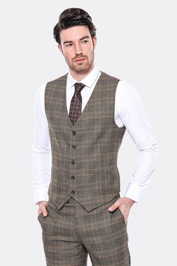 Brown Plaid Men Vest - Wessi