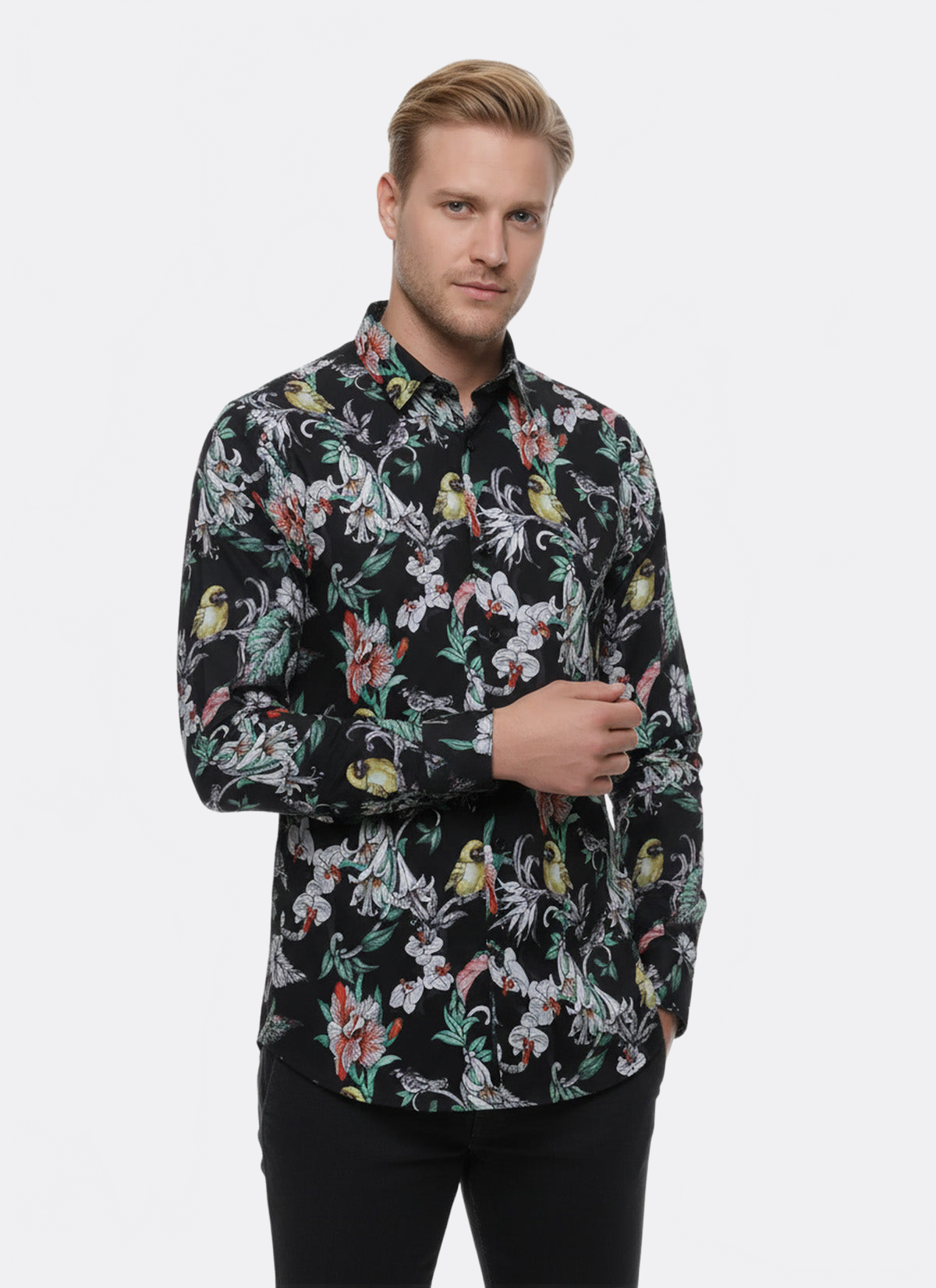 Floral Patterned Slim Fit Long Sleeves Black Men Shirt - Wessi
