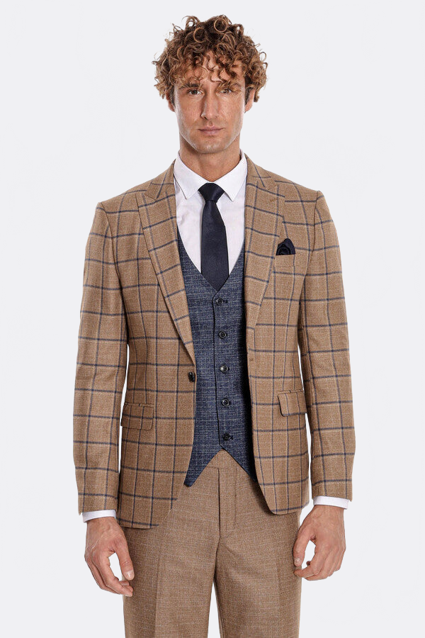 Slim Fit Checked Patterned Brown Men Suit - Wessi