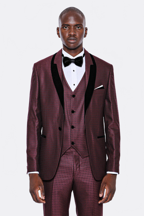 Patterned Burgundy Velvet Lapel Groom Suit - Wessi
