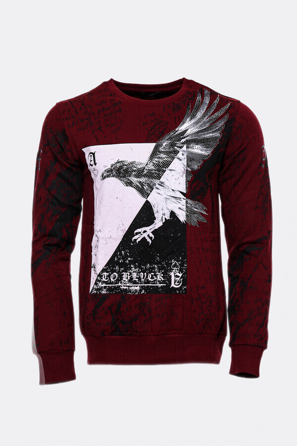 Eagle Patterned Slim Fit Burgundy Sweatshirt - Wessi