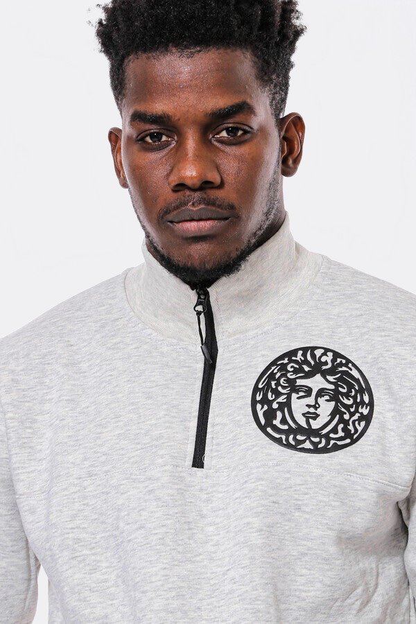 Mandarin Collar Patterned Grey Sweatshirt - Wessi